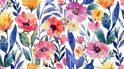 Seamless watercolor pattern featuring vibrant wildflowers in various colors.

