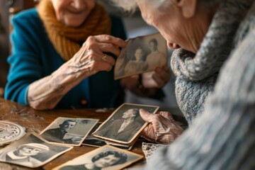Two elderly women are engaged in a nostalgic moment looking at a collection of old photographs, reminiscing about the past