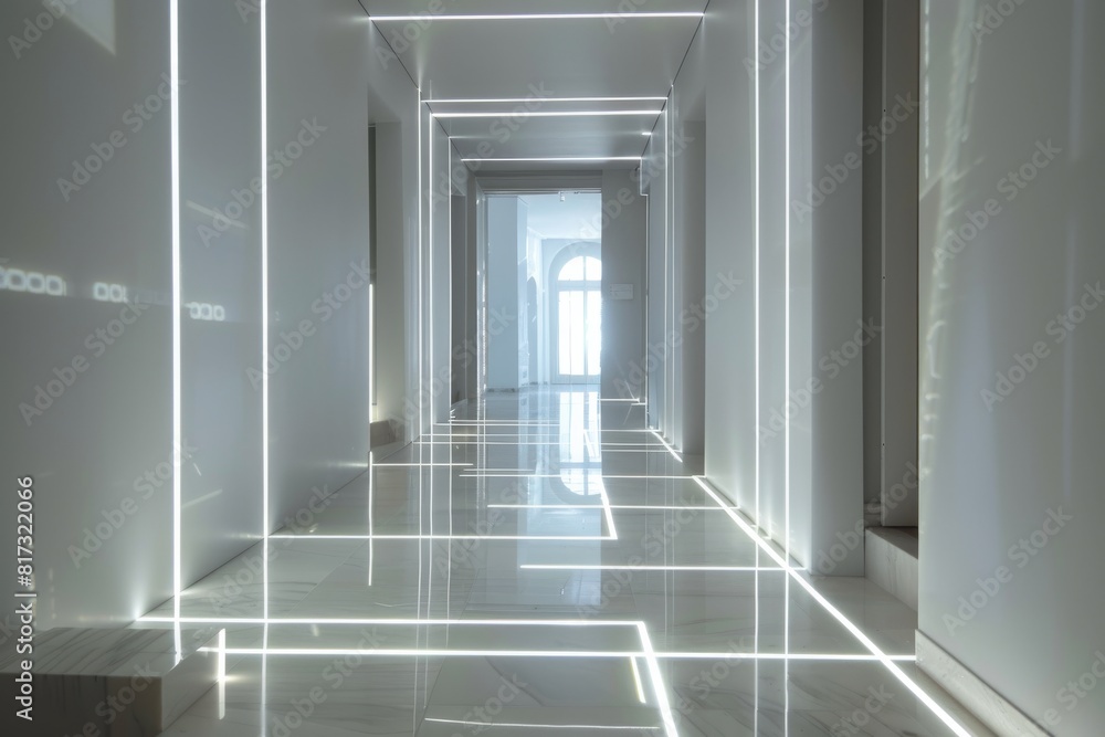 Poster Stark, futuristic corridor with white surfaces and striking light patterns creating a sci-fi look