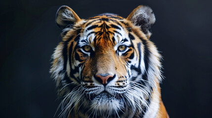 Naklejka premium Portrait of a Bengal tiger. A captivating close-up portrait of a Bengal tiger, highlighting its fierce gaze, striking stripes, and majestic presence in a natural setting..