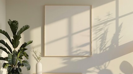 Blank picture frame mockup with sunlight and shadows on a beige wall in the background.