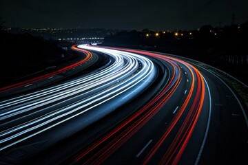 This long exposure shot captures the vibrant movement of traffic at night, with red and white light streams along the highways