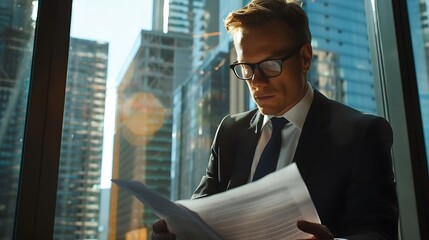 Fototapeta premium Businessman reading financial report in modern office