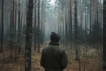 Naklejka premium Lonely lost man standing in the forest in the middle of nowhere, rear view. Stalker concept