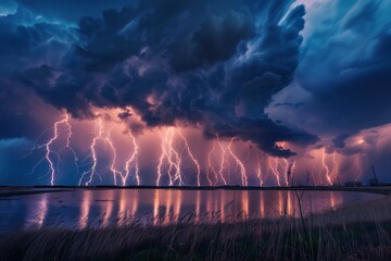 An electric storm with intense lightning bolts striking and reflecting in a body of water at twilight - Powered by Adobe