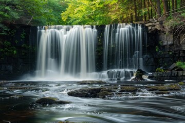 Obraz premium A peaceful waterfall cascades over a rocky ledge into a serene pool surrounded by vibrant green foliage
