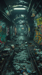 Visualize a graffiti-covered abandoned subway tunnel showcasing street art murals of rebel androids rising against a polluted skyline in a CG 3D model