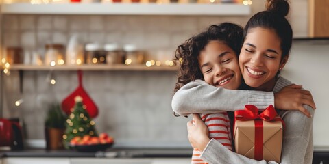 Fototapeta premium Two sisters embrace affectionately, with one holding a Christmas present, sharing love and holiday warmth