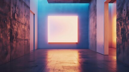 The image is an abstract architectural render of a futuristic hallway with a glowing light at the end of the hall.