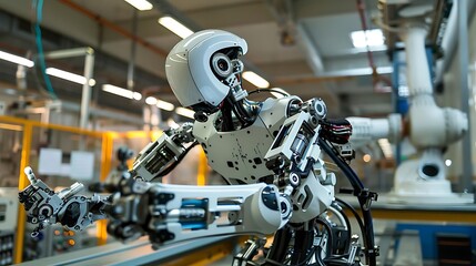 The image shows a a humanoid robot with a white head and silver body working in a factory.