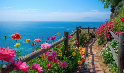 Naklejka premium Seaside town in Spain with flowers, fences and ocean in the background