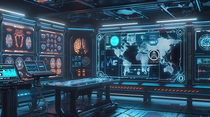 The interior of a spaceship control room.