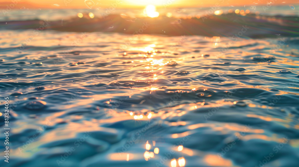 Poster sunlight reflecting on ocean waves. the image captures the golden hues of the sun as it sets over th