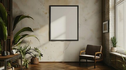 The photo shows a bright room with a large empty frame on the wall, a brown leather chair, and several potted plants.