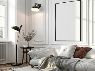 ISO A paper size frame mockup in a japandi style living room Frame hangs on a softtextured wall, home mockup, interior background, 3d render, Modern interior design