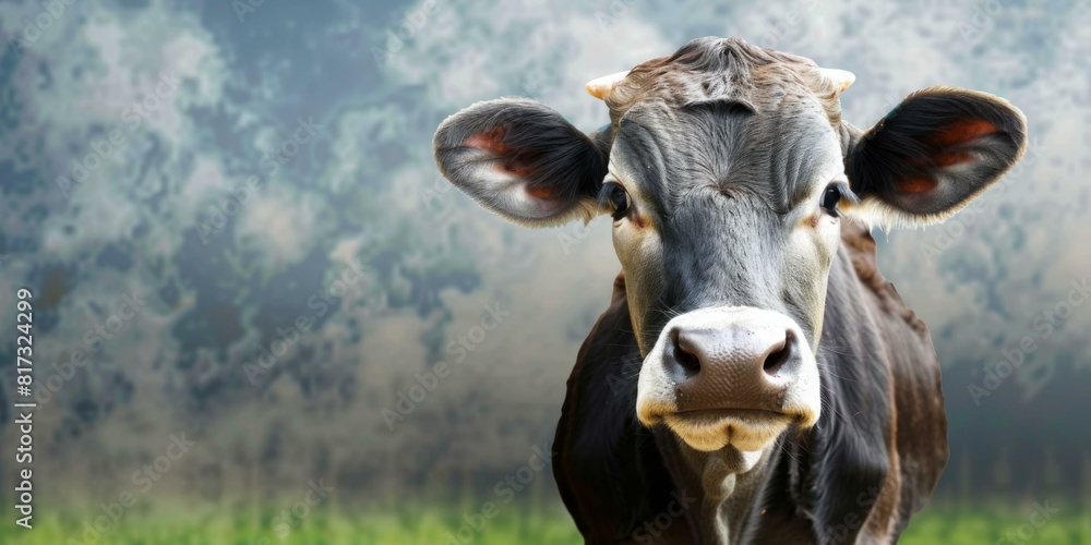 Poster a close up of a cow standing in the grass with clouds behind it. ai.