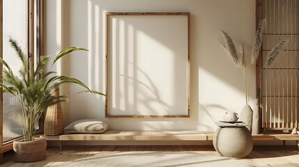 The photo shows a room with a large empty frame on the wall. There is a plant in the corner of the room and a vase on the floor. The room is lit by sunlight.
