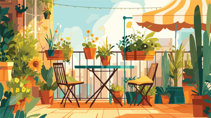 Terrace or balcony garden with plants and furniture