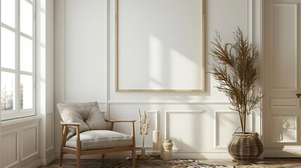 The photo shows a vintage room interior with a wooden chair, a tall plant in a wicker pot, a carpet, and a frame on the wall.