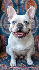 A white french bulldog sitting on a chair.