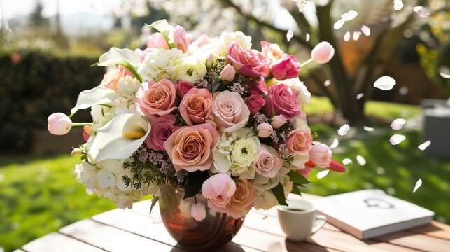 A vase of a bouquet with roses and other flowers on top of table. AI.
