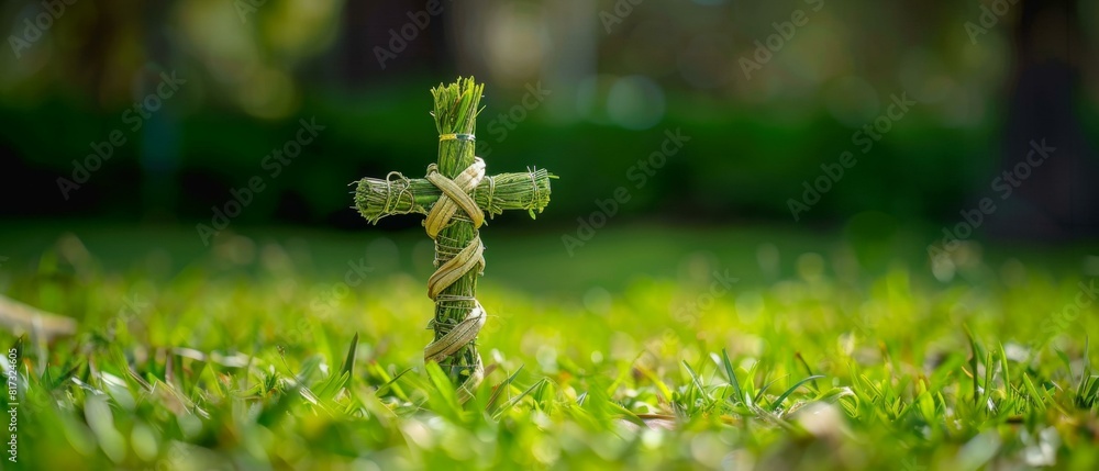 Poster a cross made of grass and tied with twine in the middle of a field. ai.