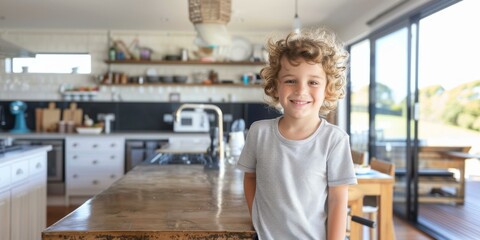 A young boy standing in a kitchen with an open door. AI. - Powered by Adobe