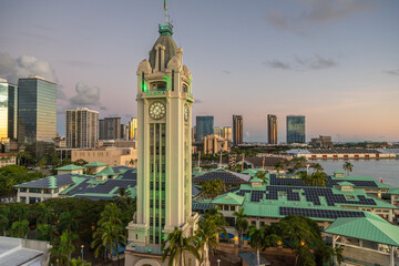Exposure of the Aloha Tower at sunset, located on the Honolulu Harbor in Downtown Honolulu, about...