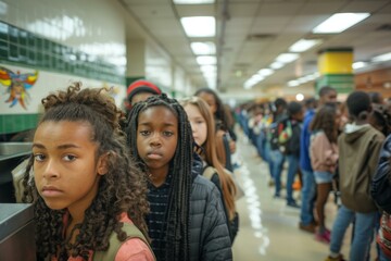 Obraz premium A group of children standing in line at a school. AI.