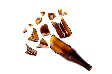 Broken brown bottle on white background