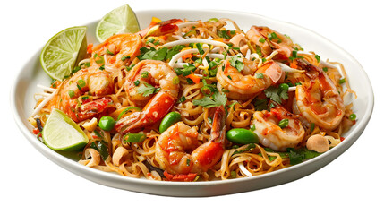  A plate of shrimp pad Thai with vibrant red shrimp, golden-brown noodles, and fresh lime slices, transparent background