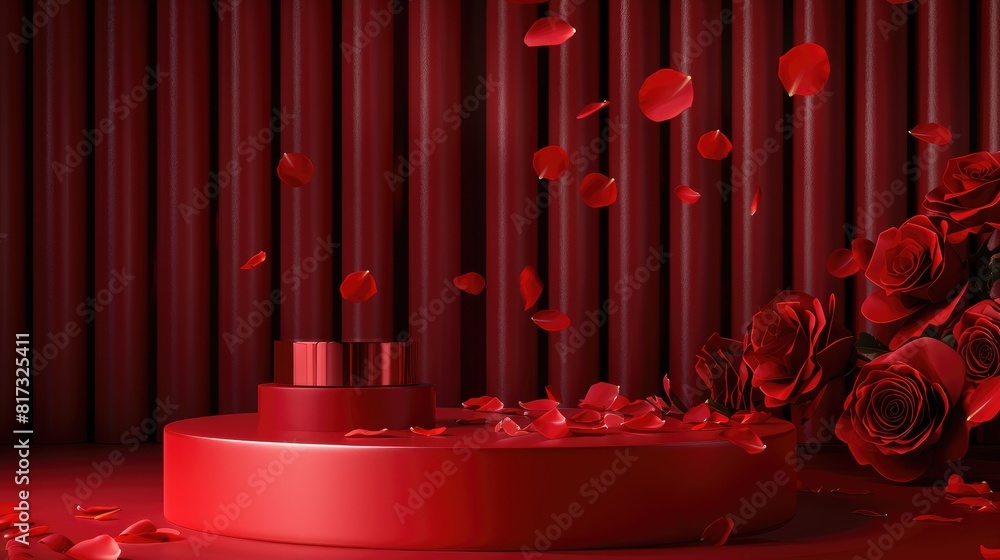 Poster elevate your display game with a striking red product podium set against a sleek backdrop adorned wi