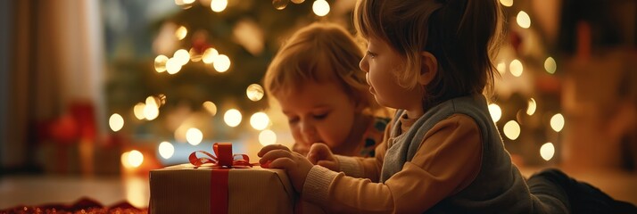 Two children are opening a Christmas gift, hinting at holiday, family, and the joys of childhood at...