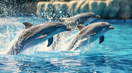 Obraz premium Dolphins leaping out of water. The playful marine mammals are captured mid-air, showcasing their agility and joy as they jump out of the clear blue water..