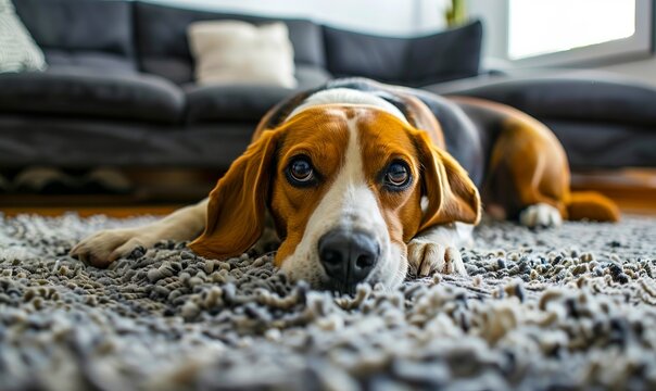 A beagle dog laying on the floor in a living room.