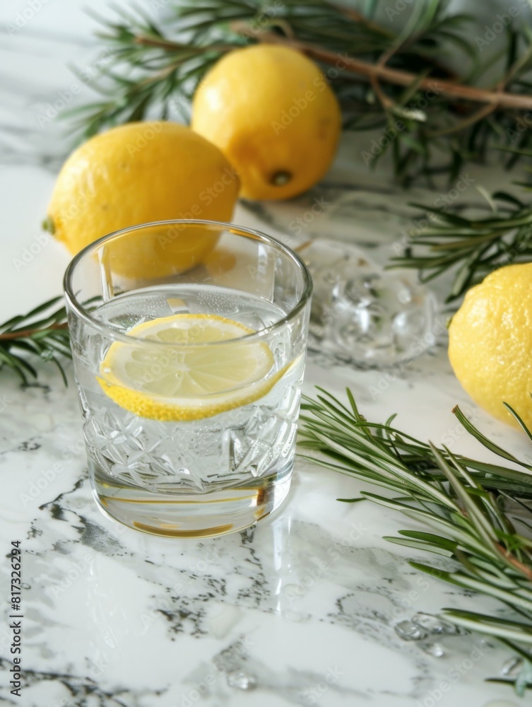 Wall mural A glass of lemonade with a sprig of rosemary on the table. Generative AI.