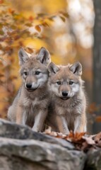 Two young coyote cubs are sitting on a rock in the woods. Generative AI.