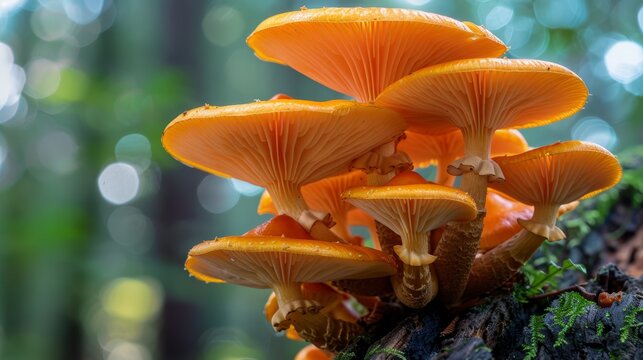 wild mushroom foraging, a cluster of chanterelle mushrooms spotted up close on a tree trunk deep in the woods wild fungi exploration at its finest