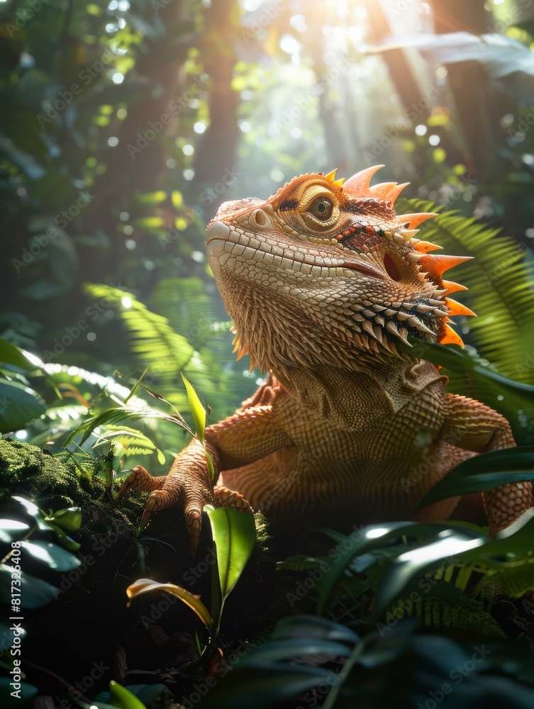 Poster a lizard sitting on a tree branch in the jungle. generative ai.