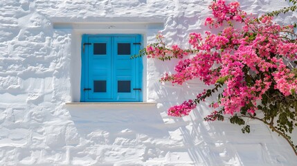 A white building with blue shutters and pink flowers.