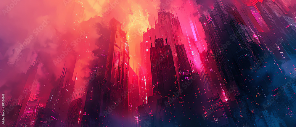 Poster transform a low-angle view of a dystopian cityscape into gritty street art using a bold, graffiti-in