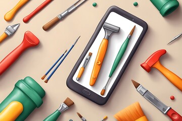  Tools for repair and restoration work. Equipment for painting redesign design. Vertical advertising of phone applications. Online tool shop. Realistic illustration in plasticine style design. 
