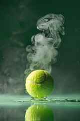 Close up Tennis ball with a steam or smoke on the green background with copy space. Wimbledon...