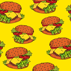 Seamless background with fast food, cheeseburgers. Delicious popular food from fast food restaurants, vector image. Endless background. Stylized images of food. Burger