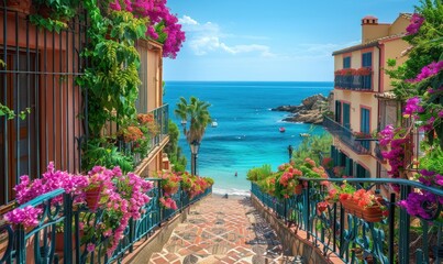 Fototapeta premium Seaside town in Spain with flowers, fences and ocean in the background