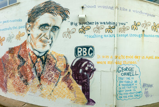 A mural of George Orwell next to the pier in Southwold, Suffolk, UK