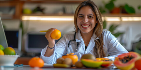 Fototapeta premium A beautiful mexican female nutritionist with a white coat, smiling and holding an orange in her hand while sitting at her desktop surrounded by fruits.
