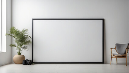 A large black horizontal white picture frame on the wall, empty frame modern white interior background