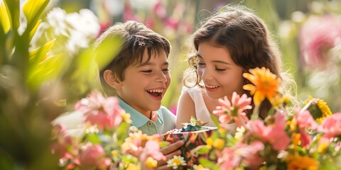 Fototapeta premium A boy and girl share a close moment admiring colorful flowers, illustrating the innocence and joy of childhood