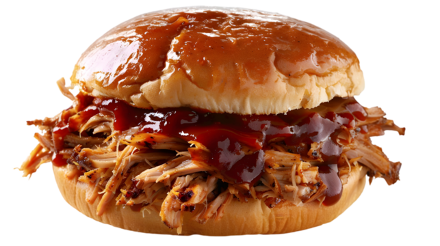  A pulled pork sandwich, piled high with tender, slow-cooked pork, drizzled with barbecue sauce, and served on a toasted, transparent background - Powered by Adobe